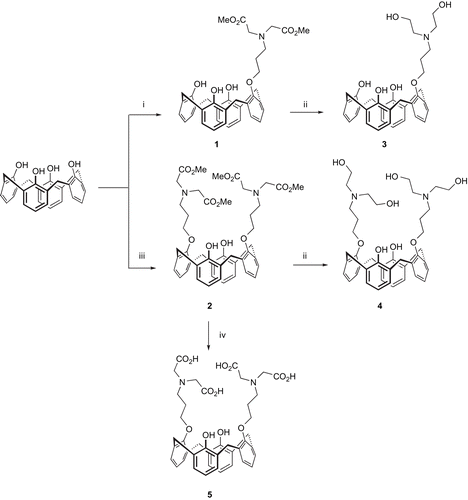 Scheme 1.  Synthesis of calix[4]arenes 1-5. Reagents: (i) wet K2CO3, N-3-Bromopropyl-N,N-bis(methoxycarbonylmethyl)amine 9, CH3CN, KI, reflux; (ii) anhydrous THF, LiAlH4, 0°C then 90°C; (iii) anhydrous K2CO3, N-3-Bromopropyl-N,N-bis(methoxycarbonylmethyl)amine 9, CH3CN, KI, reflux; (iv) 1) aqueous solution of NaOH 4M, MeOH; 2) HCl, H2O.