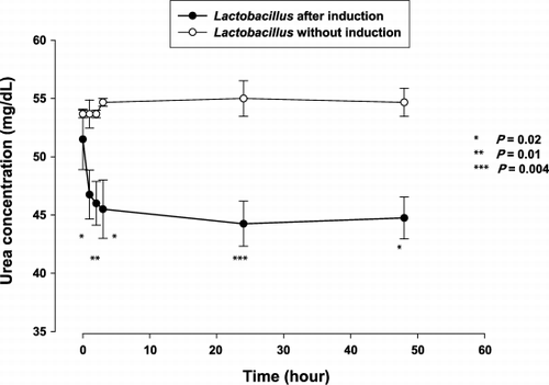 Figure 3. The mean (± SE) plasma urea nitrogen level at specified time of in vitro experiments: Significantly lower plasma urea with Lactobacillus after induction, compared using the independent samples t test.