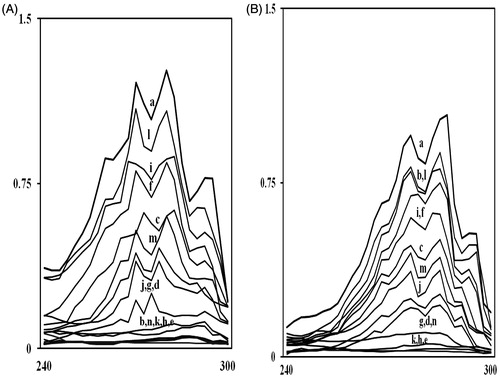 Figure 2. UV spectrophotometric sterol profiles of representative fluconazole-susceptible (A) and fluconazole-resistant (B) Candida strains. Strains were grown for 16 h in Sabouraud dextrose broth containing MIC/4, MIC/2, and MIC values of mint EO (curves c, d, and e); carvone (curves f, g, and h); menthol (curves i, j, and k), and menthone (curves l, m, and n), respectively. Curve ‘a’ is control (untreated cells) while curve ‘b’ shows positive control (FLC). Sterols were extracted from the cells and spectral profiles between 240 and 300 nm were determined.