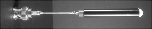 Figure 10. Prototype of the 27.12 MHz pre-optimized 8 mm OD inductive HAW head, equipped with the bi-layer interface (Figure 2), and externally protected with a thin cannula as exemplified for direct insertion into a cavity of compatibly resilient OD.