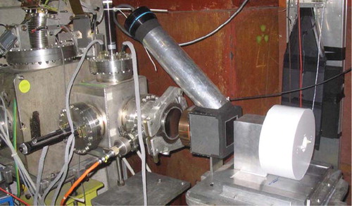 Figure 3. The AD-4/ACE beam line at the antiproton decelerator at CERN with the thermal neutron phantom (the white plastic cylinder seen on the right). The antiproton beam enters the phantom from the left. Also seen on the image is the aluminum block holding the phantom. It has a hole which can let the beam pass unhindered. The box in front of the alumium holder, contains a thin scintilator foil which is monitored by a CCD camera (mounted at the top of the slant tube).