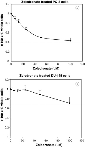 Figure 1. (A) and (B): As compared with untreated control cells, treatment with ZOL in concentrations from 6.25 µM or higher showed a statistically significant and dose-dependent lower number of viable PC3 cells. For the DU145 cells, higher concentrations of ZOL, i.e. 50 µM and 100 µM, were needed to achieve statistically significant cytostatic effects. Error bars indicate standard deviations.