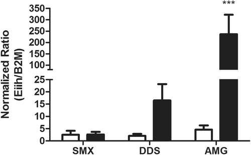 Figure 4.  Eiih expression induced by aromatic amine drugs 12 h after treatment. Among the treatment groups (solid bars), AMG induced a significant increase in Eiih expression as compared to control (open bars). DDS also induced an increase in Eiih; however, no change was observed for SMX. Rats were given 150 mg SMX/kg, 20 mg DDS/kg, or 80 mg AMG/kg, and liver samples were taken for RT-PCR analysis. Eiih expression was normalized to β2-microglobulin (β2M) as a housekeeping gene and a calibrator control. RT-PCR was run in triplicate (n = 4; *** p < 0.001).