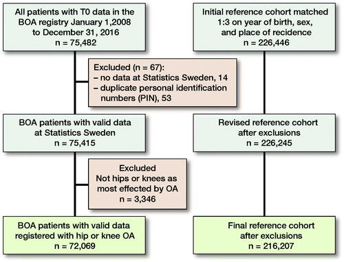 Flow chart displaying the included OA cohort and matched reference cohort. Adapted with permission from Gustafsson et al. (Citation11)
