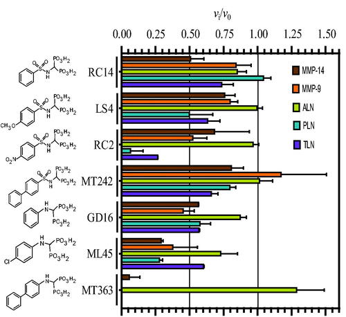 Figure 4. Inhibitory effect of 100 μM bisphosphonate containing compounds on the activity of the human metalloproteases, MMP-9 and MMP-14, and the bacterial metalloproteases TLN, PLN, and ALN. The inhibition experiments were performed by using a fixed concentration of 4 μM of both the MMP-9 and MMP-14 substrate McaPLGL(Dpa)AR-NH2 and the ALN, PLN and TLN substrate McaRPPGFSAFK(Dnp)-OH. The vi/v0 (mean ± sd) were based on 4–6 experiments.