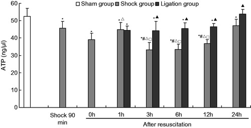 Figure 1. Effect of mesenteric lymph duct ligation on the ATP level in the renal tissue of hemorrhagic shock rats (mean ± SD, n = 6). *p < 0.05 versus the sham group; #p < 0.05 versus the shock at 90 min; △p < 0.05 versus the shock group after resuscitation 0 h; □p < 0.05 versus the shock group after resuscitate 1 h; ▴p < 0.05 versus the shock group at same time points.