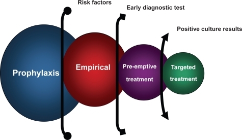 Figure 1 Different antifungal strategies for treatment in invasive fungal infections based on diagnostic stage.