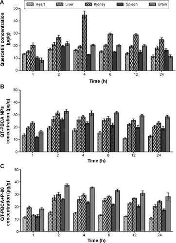 Figure 10 In vivo biodistribution studies on Wistar rats.Notes: Tissue concentration–time profiles of QT after oral administration of free QT solution (A), QT-PBCA NPs (B), and QT-PBCA+P-80 (C). Data represented as mean ± SD (n=5).Abbreviations: QT, quercetin; QT-PBCA NPs, quercetin-loaded poly(n-butylcyanoacrylate) nanoparticles; P-80, polysorbate-80; SD, standard deviation; h, hours.