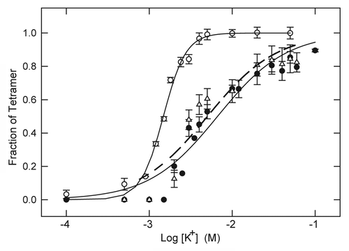 Figure 3. Stabilization of KcsA tetramer as a function of K+ concentration in the absence and presence of LA. KcsA tetramer was measured by SDS-PAGE analysis of samples titrated with increasing K+ concentration in the absence of LA (○) or in the presence of 20 mM lidocaine (● ) or 5 mM tetracaine (△). The sample assay mixture contained ~500 ng KcsA, 10 mM Hepes-Tris, pH 7.4, 100 mM choline Cl, indicated concentrations of KCl and either no LA, 20 mM lidocaine or 5 mM tetracaine. All samples were incubated at 90 °C for 10 min before addition of SDS-PAGE sample buffer. Solid lines indicate nonlinear regression fits to a logistic function of K+ concentration as described in Materials and Methods. Fit parameters: no LA (○): K0.5 = 1.48 ± 0.04 mM, n = 3.19 ± 0.26; 20 mM lidocaine (● ): K0.5 = 6.65 ± 0.8 mM, n = 1.05 ± 0.13; 5 mM tetracaine (△): K0.5 = 5.03 ± 0.90, n = 1.04 ± 0.19.
