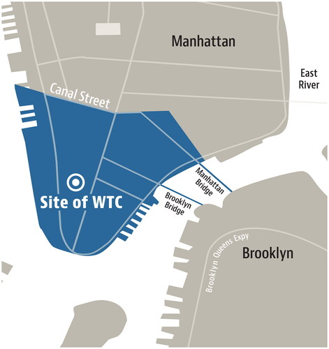 Figure 1. New York City (NYC) response area used to determine enrollment eligibility for responders to the 9/11 attacks — World Trade Center (WTC) Health Program. Note that the response area also includes WTC-related locations not shown, such as certain barge loading piers and the Staten Island Landfill, and vehicle maintenance areas. Responders are persons who were involved in rescue, response, recovery, clean-up, and related support activities after the September 11, 2001 terrorist attacks.Source: Azofeifa et al.Citation14