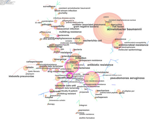 Figure 6 The keywords co-occurrence network of antibiotic-resistant A. baumannii related publications from 1991 to 2019. A node represents an institution, and node size represents frequency.