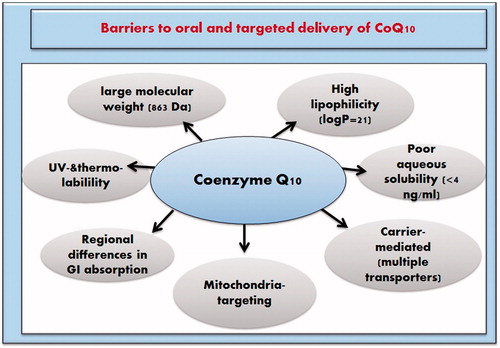Figure 3. Physicochemical and physiological factors barriers against oral and targeted delivery of CoQ10.