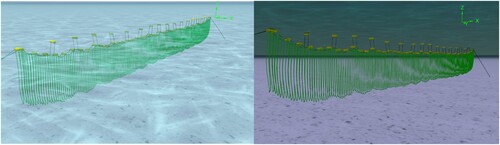 Figure 1. This visualisation depicts a mussel farm cultivation platform. The green lines symbolise the ropes where the mussels are cultivated. Suspended beneath the ropes are yellow cylinders representing buoys, which float on the water's surface, supporting the ropes. Two perspectives are visualised: the first provides an aerial view from above the water, while the second offers an underwater perspective.