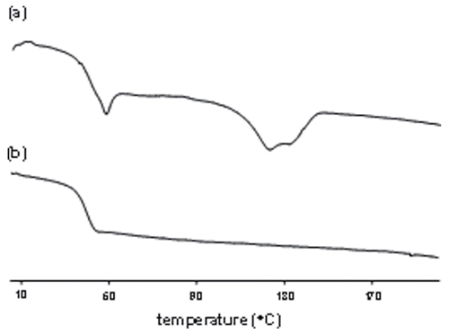 Figure 2.  DSC thermogram (10°C/min) of terpolymer 5: (a) first heating run; (b) second heating run.