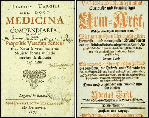 FIGURE 14 Front pages of the books of Targiri (Targiri, Citation1698) and Hellwig (pseundonym: Kräutermann) (see Hellwig, 1738) describing the so-called office/white coat effect on patients when assessing heart rate and as also appreciated nowadays when assessing blood pressure (see Lemmer, Citation1995).