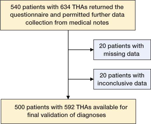 Flow of patients and THAs through the study.