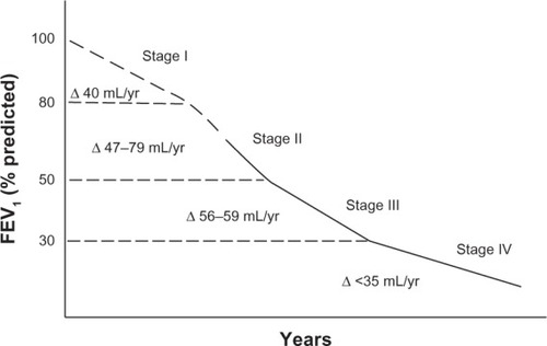 Figure 3 Range of average rate of decline of FEV1 in patients with chronic obstructive pulmonary disease according to severity of airflow obstruction.