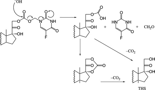 Figure 8 Chemical structure of a proposed THS carbonate ester, the cyclic intermediate formed from the hydrolysis of the O3α-, O21-di-(N1-methyloxycarbonyl-2, 4-dioxo-5-fluoropyrimidinyl)17α- hydroxy-5β-pregnan-20-one codrug [THS-BIS-5FU] (11), and the degradation of the cyclic intermediate to form THS.