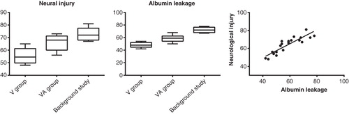 Figure 8. Box plots (median, 25th and 75th as well as 10th and 90th percentiles) of microscopical assessment of neuronal injury and albumin leakage (vasopressin group, vasopressin-adrenaline group, and background study) and correlation of these two variables for the vasopressin and vasopressin-adrenaline groups (R2 = 0.85, P < 0.0001).