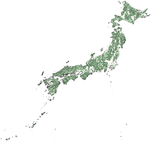 Figure 1. Distribution of survey sites (solid circles) in Japan. Green indicates forested areas determined by JAXA (Japan Aerospace Exploration Agency)'s ALOS (Advanced Land Observing Satellite).