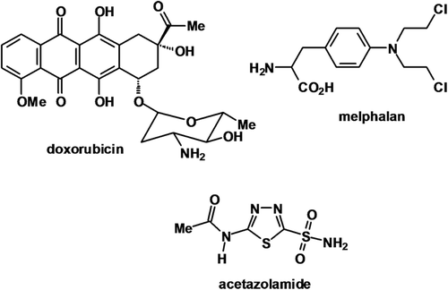 Figure 1.  Chemical structures of doxorubicin, melphalan and acetazolamide.