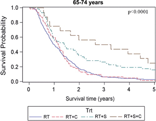 Figure 5. Overall survival for different treatment combinations in patients aged 65–74 years.