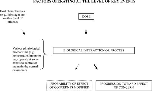Figure 1 Factors operating at the level of Key Events. In addition to dose, other factors may influence the outcome of an individual event. In combination, they may affect the likelihood of progression to the next event, or they may affect the magnitude of the ultimate response of concern.