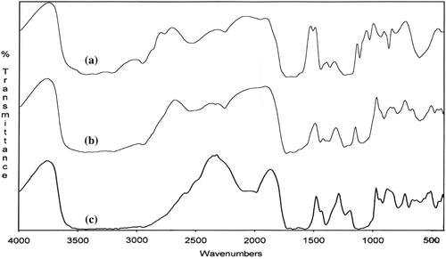 Figure 6. FTIR spectra of poly(VA-co-MA-alt-co-AA)/APTS gel systems with different molar ratios of terpolymer (a) and terpolymer/APTS = 9/1 (b), 1.4/1 (c).