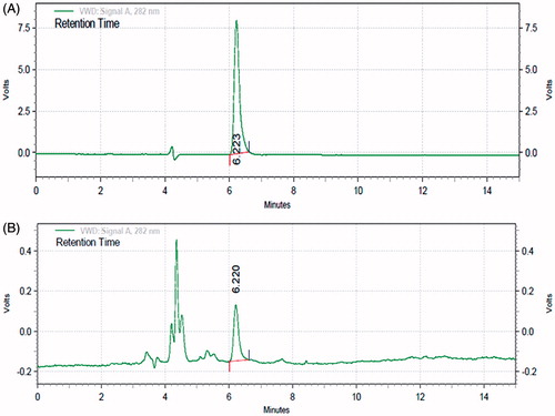 Figure 1. HPLC fingerprint analysis of the standard SDG (A) and flax lignan concentrate (B). Peaks were detected at 282 nm.
