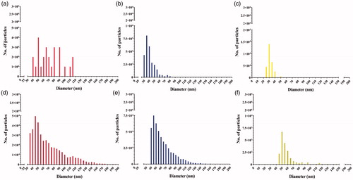 Figure 6. Number-weighted size distributions generated by spICP-MS measurement of Caco-2/HT29-MTX cellular silver content after 24 h exposure to (a) 500 µg/L pristine (LA) AgNPs, (b) 500 µg/L pristine 50 nm (Cit) AgNPs, (c) 250 µg/L pristine AgNO3, (d) 500 µg/L IVD (LA) AgNPs, (e) 500 µg/L IVD (Cit) AgNPs, and (f) 250 µg/L IVD AgNO3.