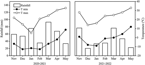 Figure 1. Monthly mean rainfall, mean maximum and minimum temperatures during the wheat-growing season from 2020 to 2022 in Nanjing, China.