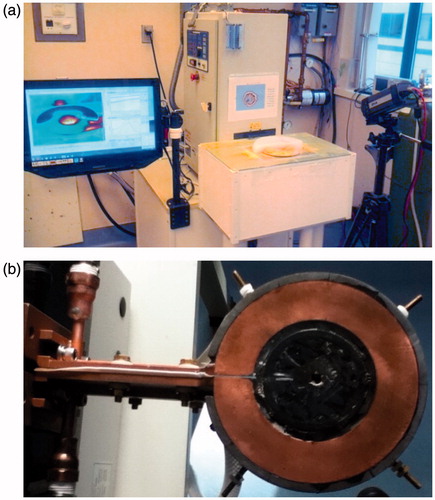 Figure 3. (a) AMF system with a phantom experiment in progress. The generator, treatment table, thermal camera, and thermal camera software interface are shown. (b) The induction coil is obscured from view in (a) by the treatment table.