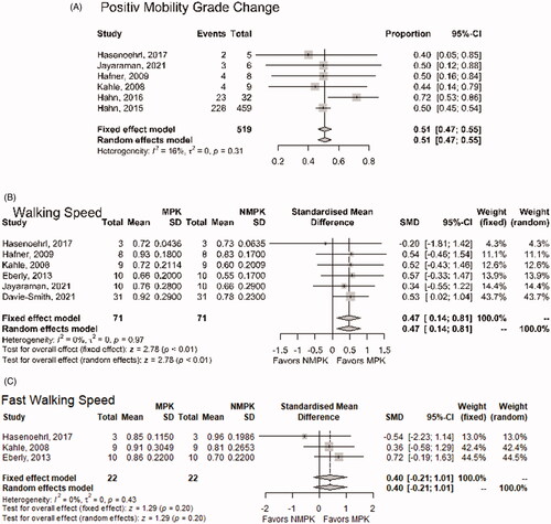 Figure 3. Results of meta-analysis of outcomes related to function, performance and mobility. (A) Change of mobility grade from 2 to 3 with MPK fitting. (B) Change in self-selected walking speed presented as standardized mean difference between MPK and NMPK. (C) Change in fastest possible walking speed presented as standardized mean difference between MPK and NMPK.