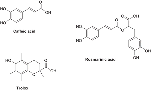 Figure 2.  Caffeic acid, rosmarinic acid, and trolox, all nontoxic natural antioxidants.