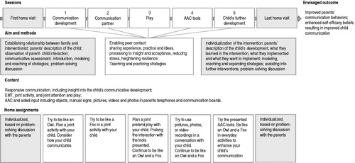 Figure 1. Description of the ComAlong Toddler Intervention. AAC: Augmentative and alternative communication; EMT: Enhanced milieu teaching.