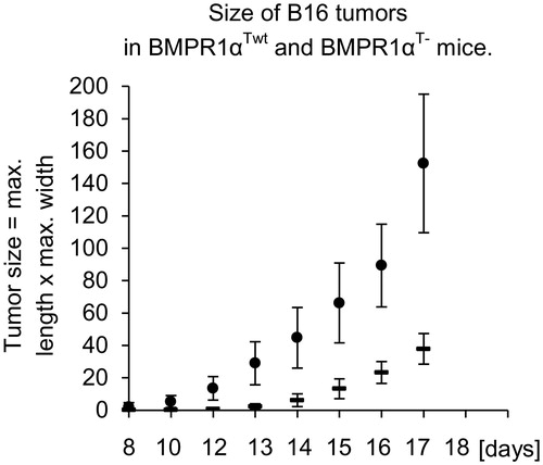 Figure 7. Size of B16 tumors growing in BMPR1αTwt (•) and BMPR1αT− (—) mice inoculated with B16 melanoma cells (5 × 104 cells, subcutaneously). Nine mice were analyzed in each series. Two measurements [mm] of each tumor (at the largest dimensions, perpendicular to each other) were taken and multiplied (y-axis). The duration of tumor growth is shown on the x-axis. The plot shows average values (±SD) for each timepoint. Differences in tumor sizes between BMPR1αTwt and BMPR1αT− mice were statistically significant for all time-points (p ≤ 0.05). One experiment of two is shown.