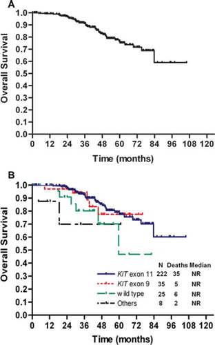 Figure 2. Overall survival for all patients (A) and by tumor genotype (B). N, number of patients; NR, not reached.
