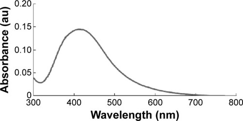 Figure 1 The absorption spectrum of silver nanoparticles synthesized in the Bacillus funiculus culture supernatant.Notes: The absorption spectrum of silver nanoparticles exhibited a strong, broad peak at 412 nm, which was assigned to the surface plasmon resonance of the particles.Abbreviation: au, arbitrary unit.