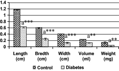 Figure 5. Various gross measurements of IC muscle in control and diabetic groups, each bar represents the mean ± SEM. aControl, **p < 0.01 and ***p < 0.001.