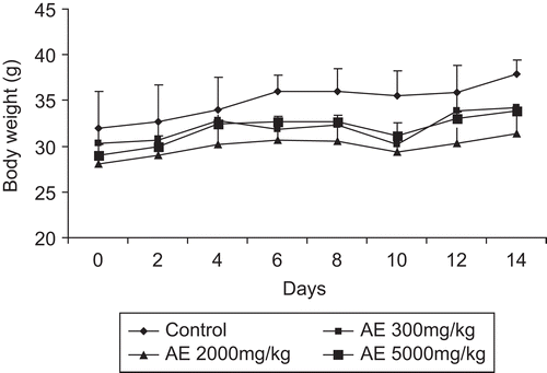 Figure 1.  Effect of aqueous extract of Gmelina arborea (AE) on body weight changes in mice. Each point represents mean ± SEM (n = 3).