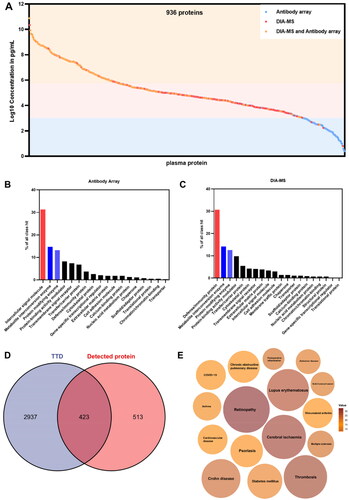 Figure 2. Profiling of serum proteome in responder and non-responder psoriasis patients using in-depth proteomics. (A) Distribution of serum proteins detected by in-depth proteomics according to the reference concentrations in the human plasma proteome database (http://www.plasmaproteomedatabase.org/). (B) and (C) Enrichment of protein classes for psoriasis-associated proteins identified by antibody arrays and DIA-MS, respectively. (D) Detected therapeutic target proteins, which were identified using a therapeutic target database (TTD) (http://db.idrblab.net/ttd/). (E) Diseases associated with the detected therapeutic target proteins. Circle sizes correspond to the number of proteins enriched in each disease.