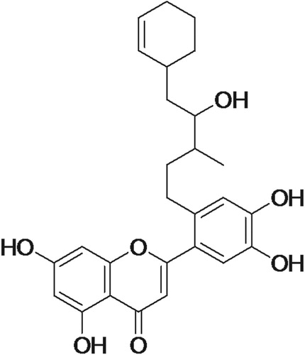 Figure 6. Chemical structure of the compound isolated from T. chebula. 2-(2-(5-(cyclohex-2-enyl)-4-hydroxy-3-methylpentyl)-4,5-dihydroxyphenyl)-5,7-dihydroxy-4H-chromen-4-one.