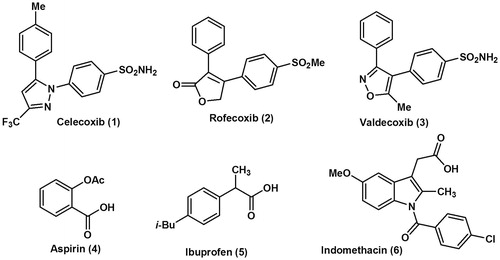 Figure 1. Chemical structures of some selective cyclooxygenase-2 (COX-2) inhibitor drugs (1–3) and some traditional non-selective NSAIDs (4–6).