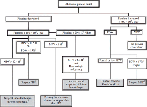 Figure 2. Possible clinical application of platelet volume indices in the diagnosis and management of abnormal platelet counts. †Many cut-off values are based on small studies and as such should be confirmed with prospective evaluation. ‡In the suitable clinical setting. ITP = idiopathic thrombocytopenic purpura; MPD = myeloproliferative disorder; MPV = mean platelet volume; PDW = platelet distribution width.