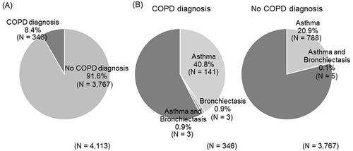 Figure 3 Diagnostic rates in the airflow obstruction group. (A) COPD in the airflow obstruction group. (B) Asthma and bronchiectasis in patients with and without COPD diagnosis.