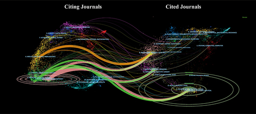 Figure 5 Dual-map overlay of journals produced by CiteSpace. The color bar on the left side of the figure represents the field of the citing journals, the color bar on the right side speaks for the domain of the cited journals, and the connecting line between them represents the citation relationship.