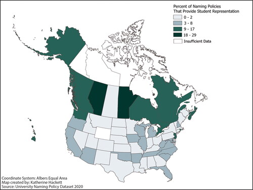 Figure 3 Universities that provide student representation in naming decisions in Canada and the United States.