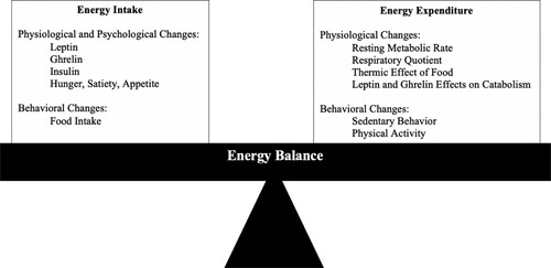 Figure 1. Diagram of energy balance model depicting physiological, behavioral, and psychological changes aimed at balancing energy intake and energy expenditure.
