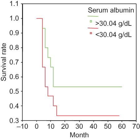 Figure 3.  Survival and serum albumin in the entire group. sALB < 30.04 g/dL at presentation was associated with a significantly poor prognosis.