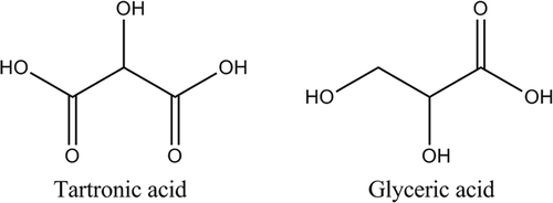 Figure 4. Two of the possible incomplete oxidation products from glycerol oxidation. Note that in each case carboxylic acids may be formed.